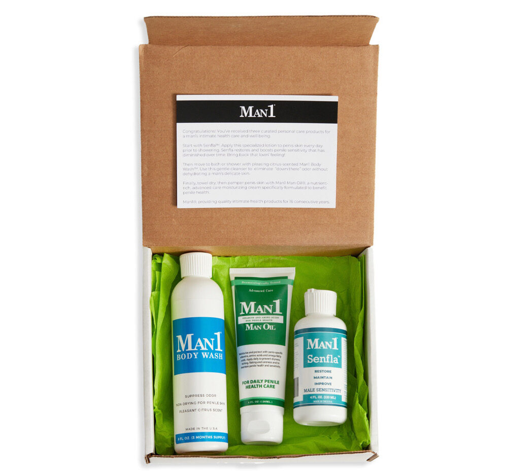 man1 health collection gift set with body wash, man oil, and senfla